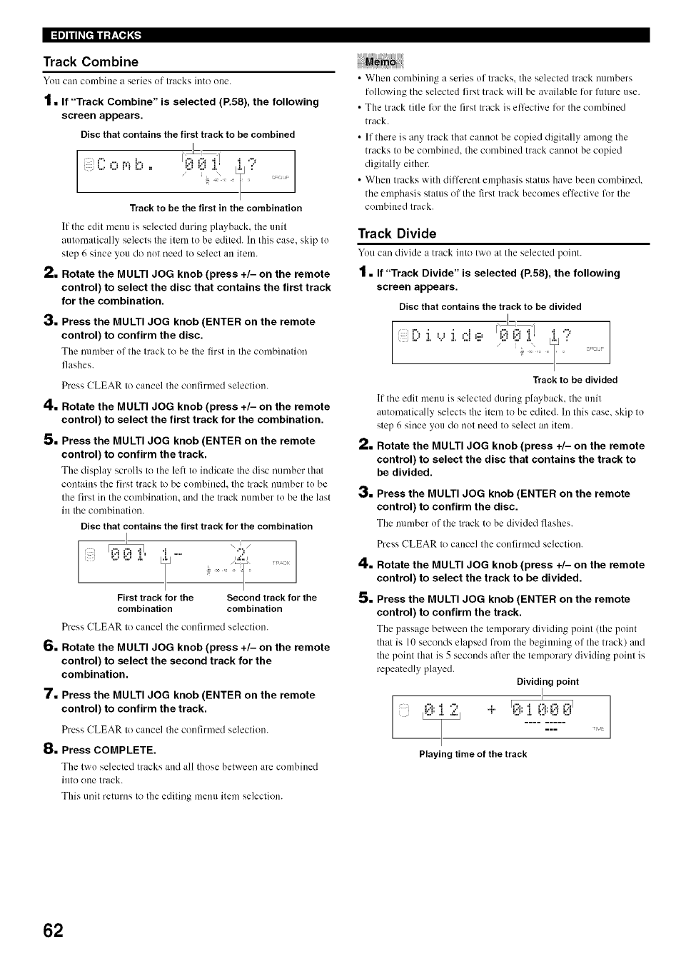 Track combine, Track divide | Yamaha CDR-HD1500 User Manual | Page 68 / 90