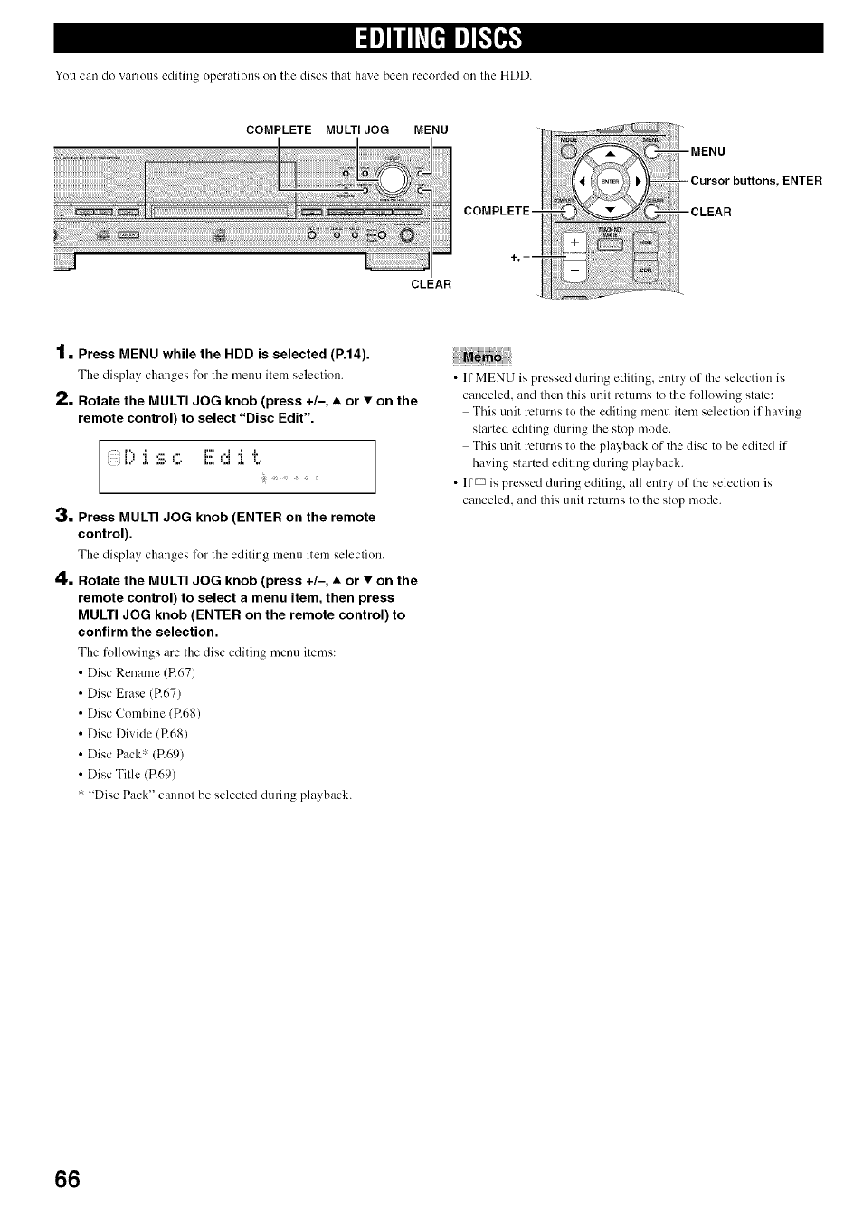 Editing discs, Press menu while the hdd is selected (p.14), Memo | Yamaha CDR-HD1500 User Manual | Page 72 / 90