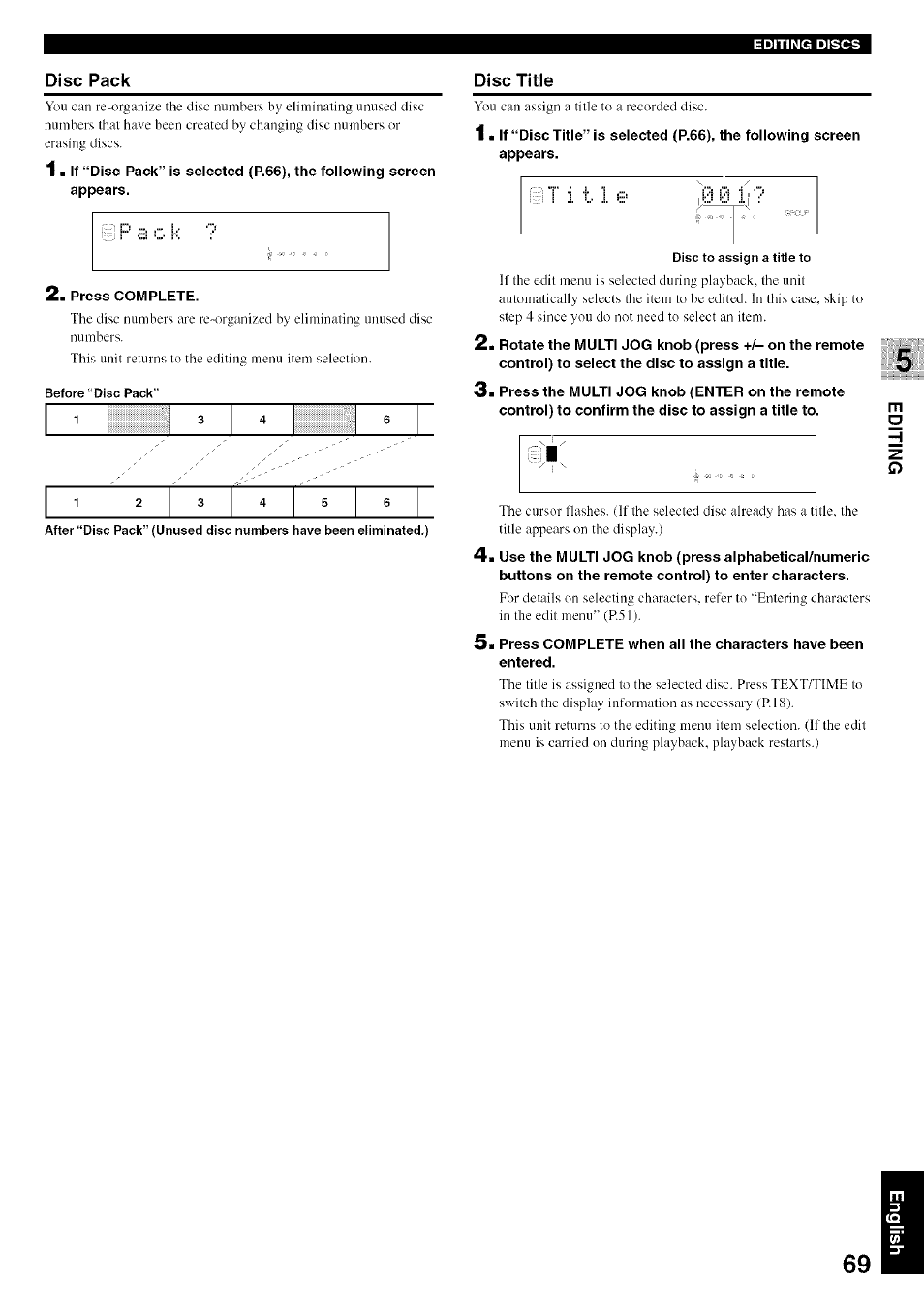 Disc pack, Disc title | Yamaha CDR-HD1500 User Manual | Page 75 / 90