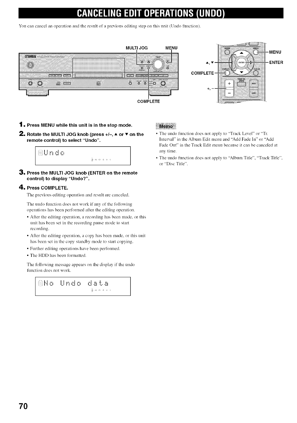 Canceling edit operations (undo, 1 • press menu while this unit is in the stop mode, 3i press the multi jog knob (enter on the remote | Press complete, Mcnio | Yamaha CDR-HD1500 User Manual | Page 76 / 90