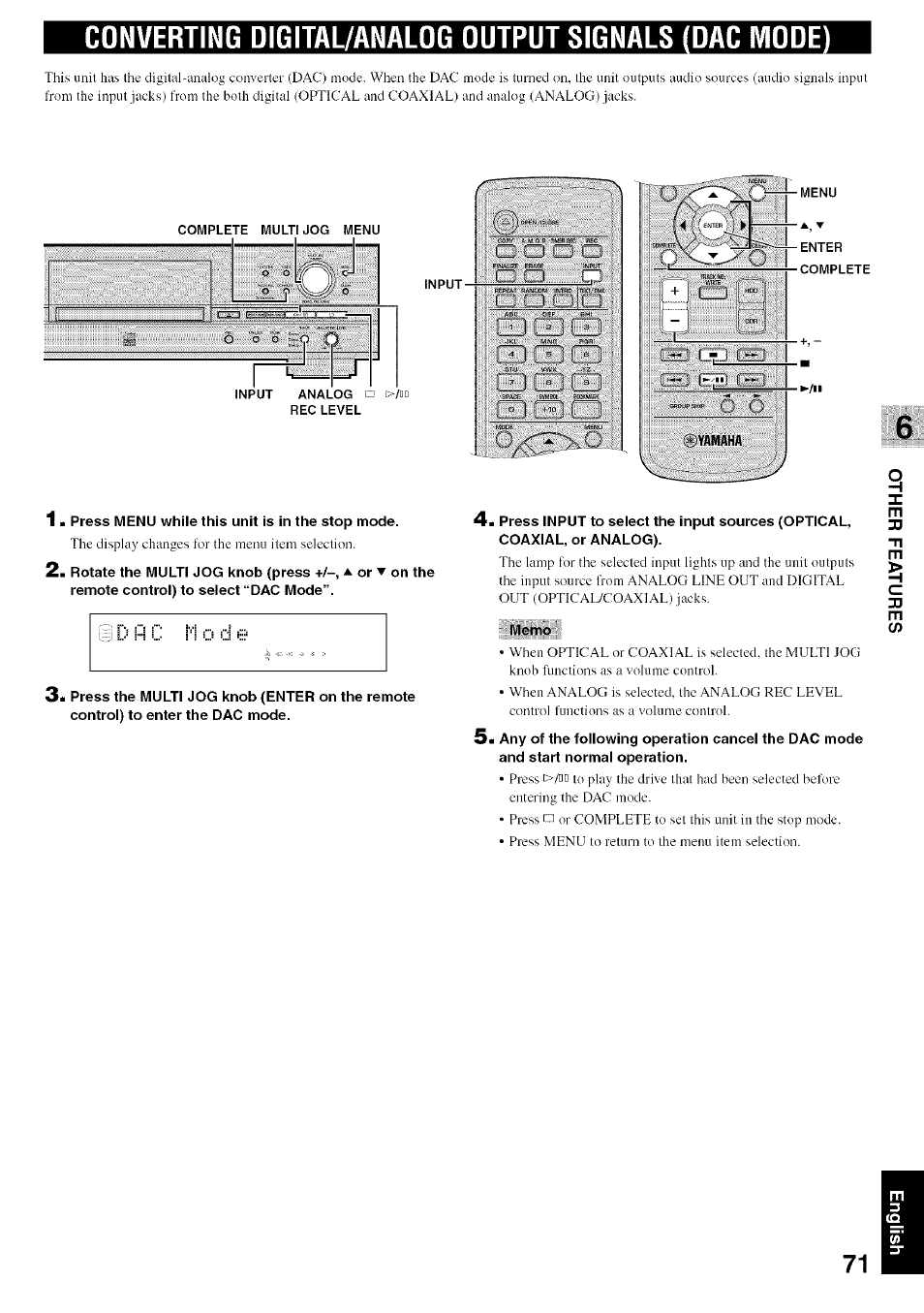 Converting digital/analog output signals (dac mooe, 1 m press menu while this unit is in the stop mode, Memo | Yamaha CDR-HD1500 User Manual | Page 77 / 90