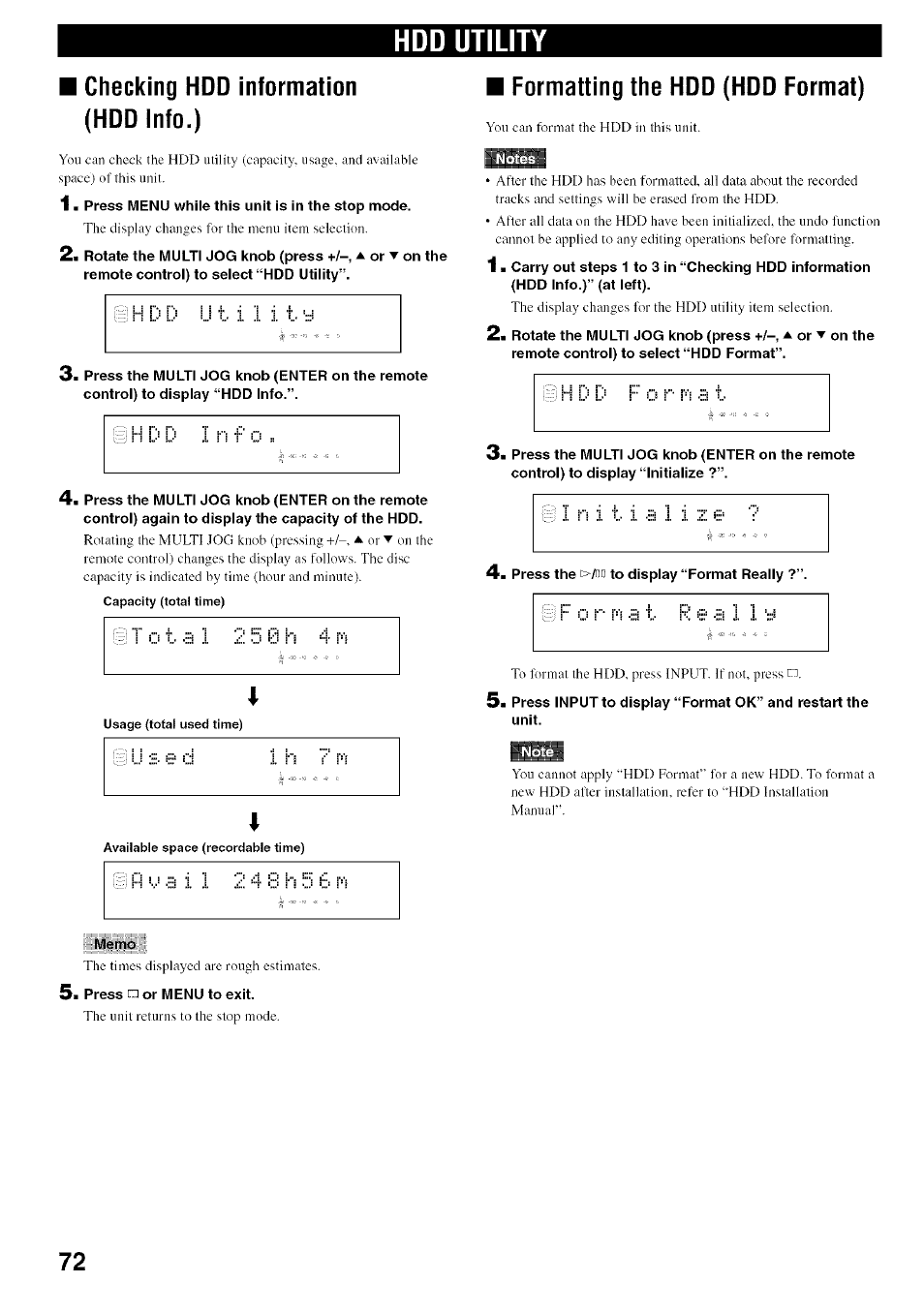 Hdd utility, Checking hdd information (hdd info.), Formatting the hdd (hdd format) | Hdd utility ■ checking hdd information (hdd info.) | Yamaha CDR-HD1500 User Manual | Page 78 / 90