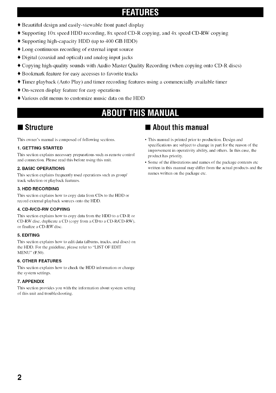 Features, About this manual, About this manual structure about this manual | Yamaha CDR-HD1500 User Manual | Page 8 / 90