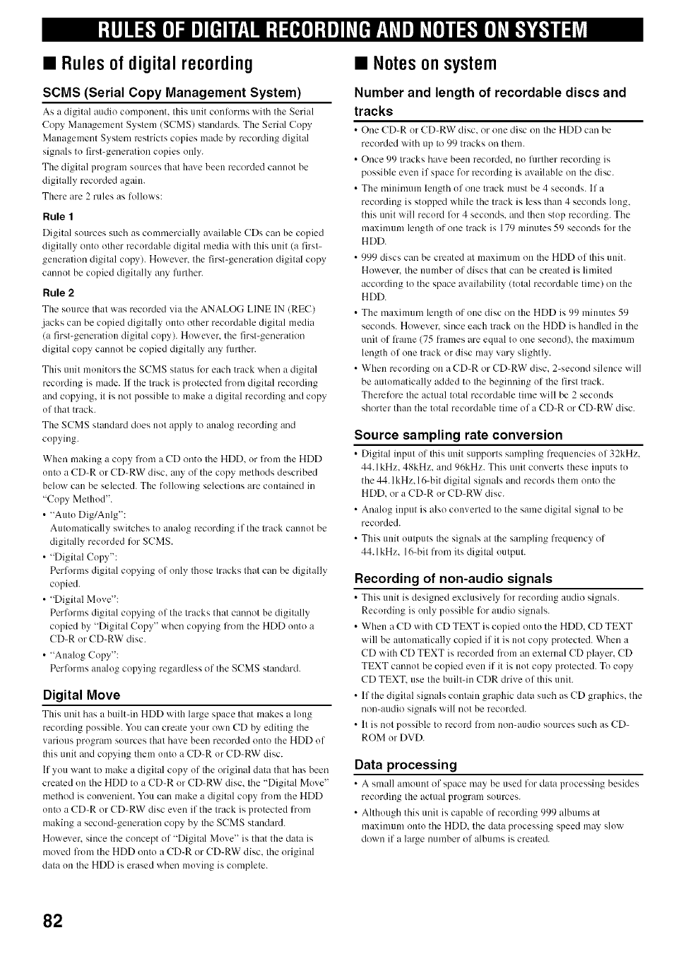 Rules of digital recording and notes on system, Rules of digital recording, Scms (serial copy management system) | Rule 1, Rule 2, Digital move, Notes on system, Number and length of recordable discs and tracks, Source sampling rate conversion, Recording of non-audio signals | Yamaha CDR-HD1500 User Manual | Page 88 / 90