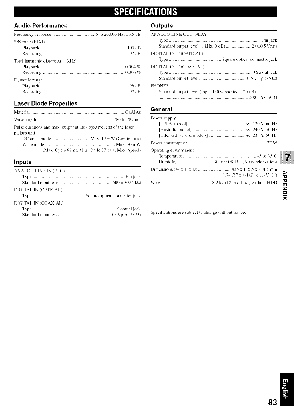 Specifications | Yamaha CDR-HD1500 User Manual | Page 89 / 90