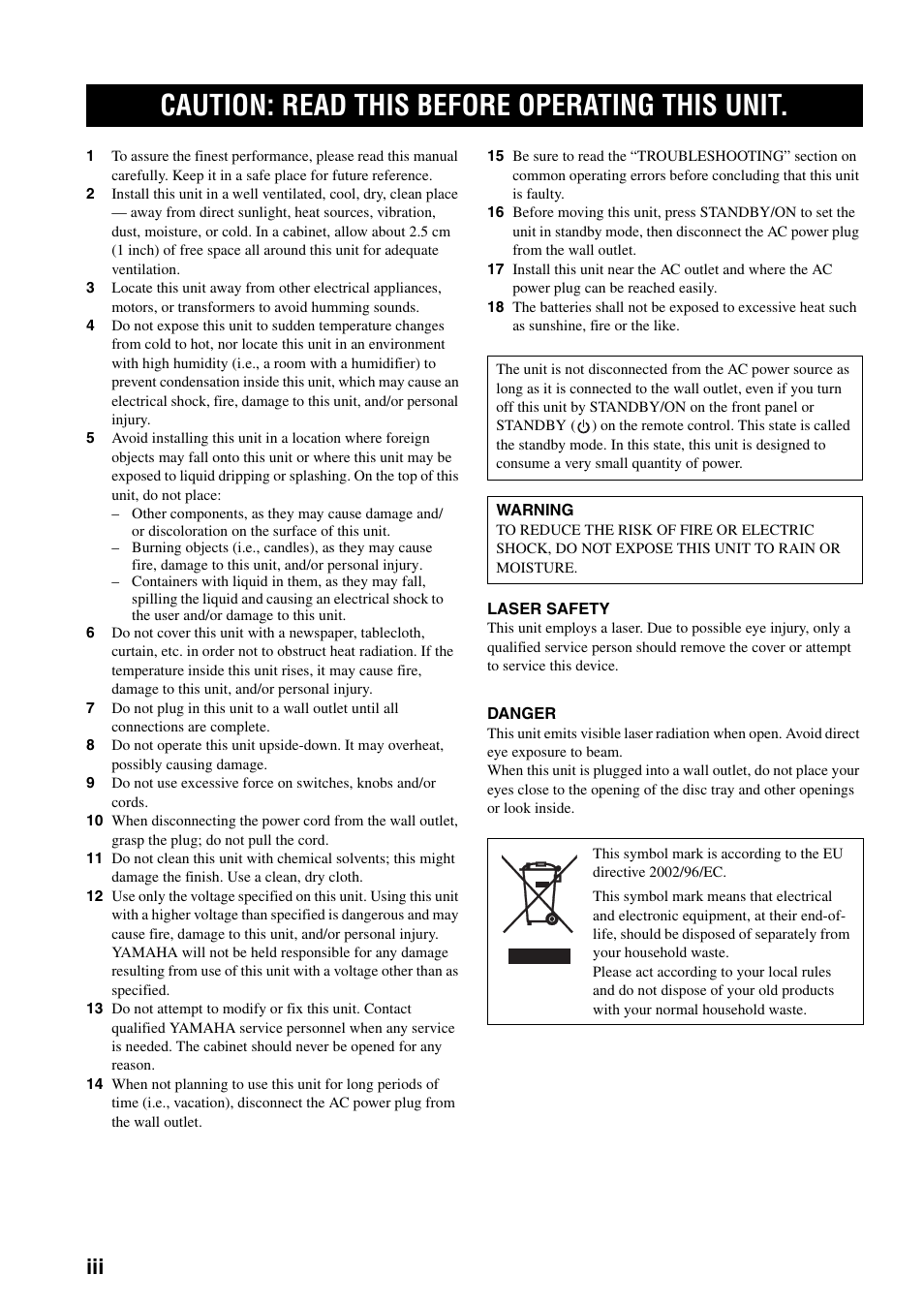 Caution: read this before operating this unit | Yamaha DVD-S2700B User Manual | Page 2 / 44