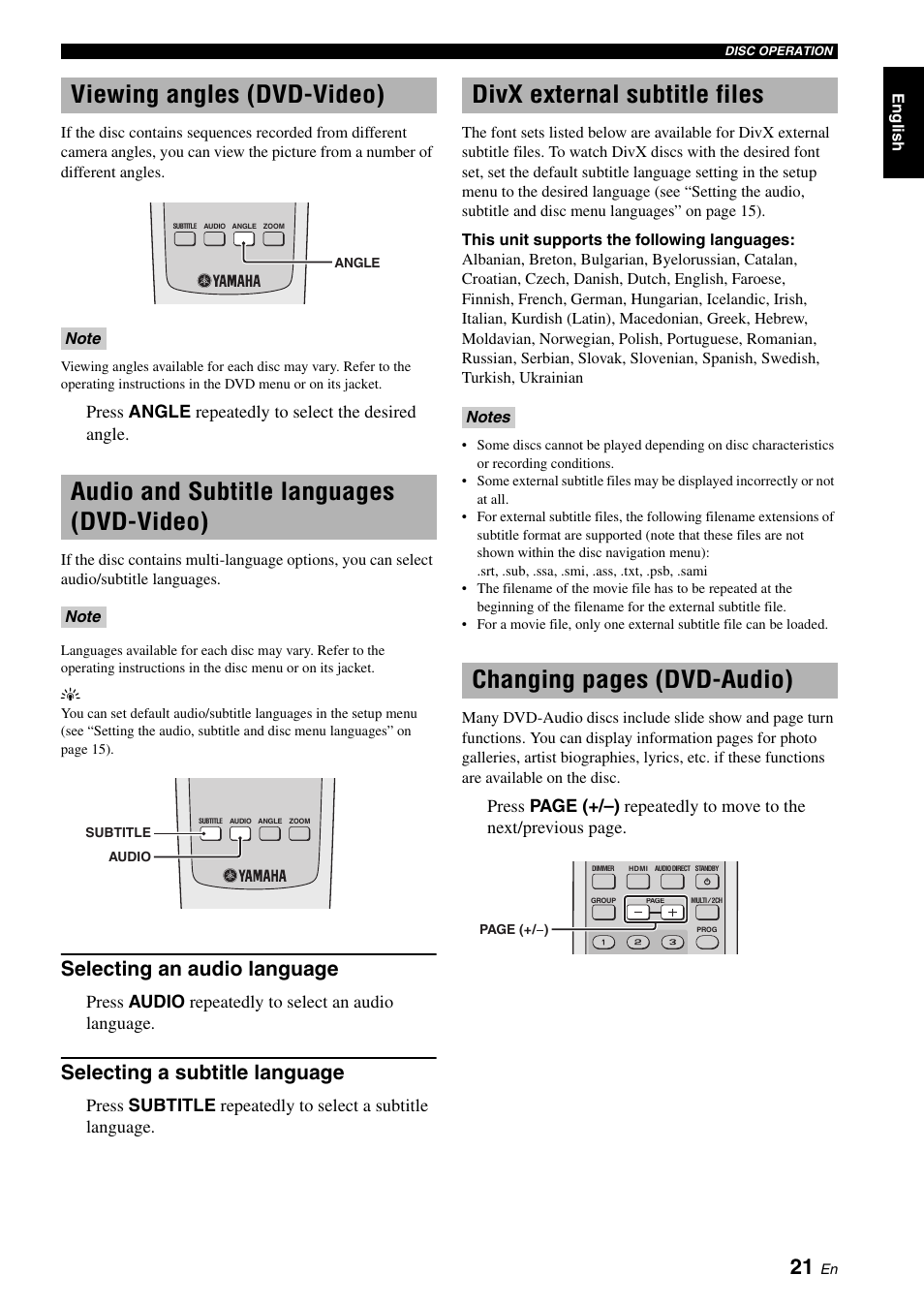 Viewing angles (dvd-video), Audio and subtitle languages (dvd-video), Divx external subtitle files | Changing pages (dvd-audio), Selecting an audio language, Selecting a subtitle language, Press angle repeatedly to select the desired angle, Press audio repeatedly to select an audio language | Yamaha DVD-S2700B User Manual | Page 23 / 44