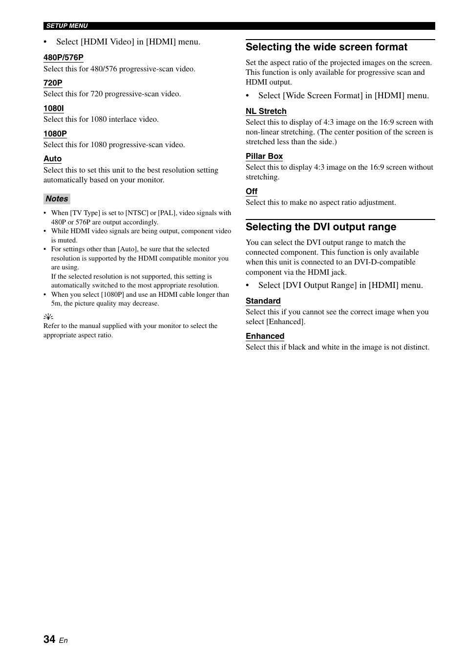 Selecting the wide screen format, Selecting the dvi output range | Yamaha DVD-S2700B User Manual | Page 36 / 44