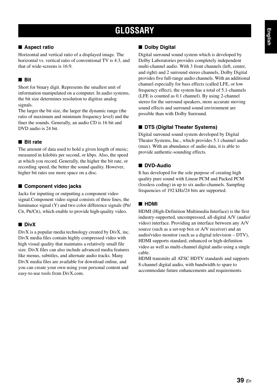 Glossary | Yamaha DVD-S2700B User Manual | Page 41 / 44