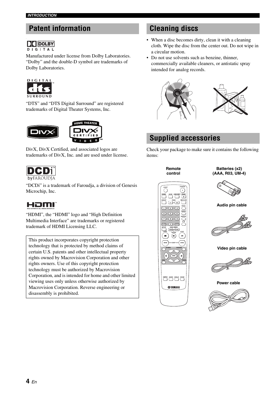 Patent information, Cleaning discs supplied accessories | Yamaha DVD-S2700B User Manual | Page 6 / 44