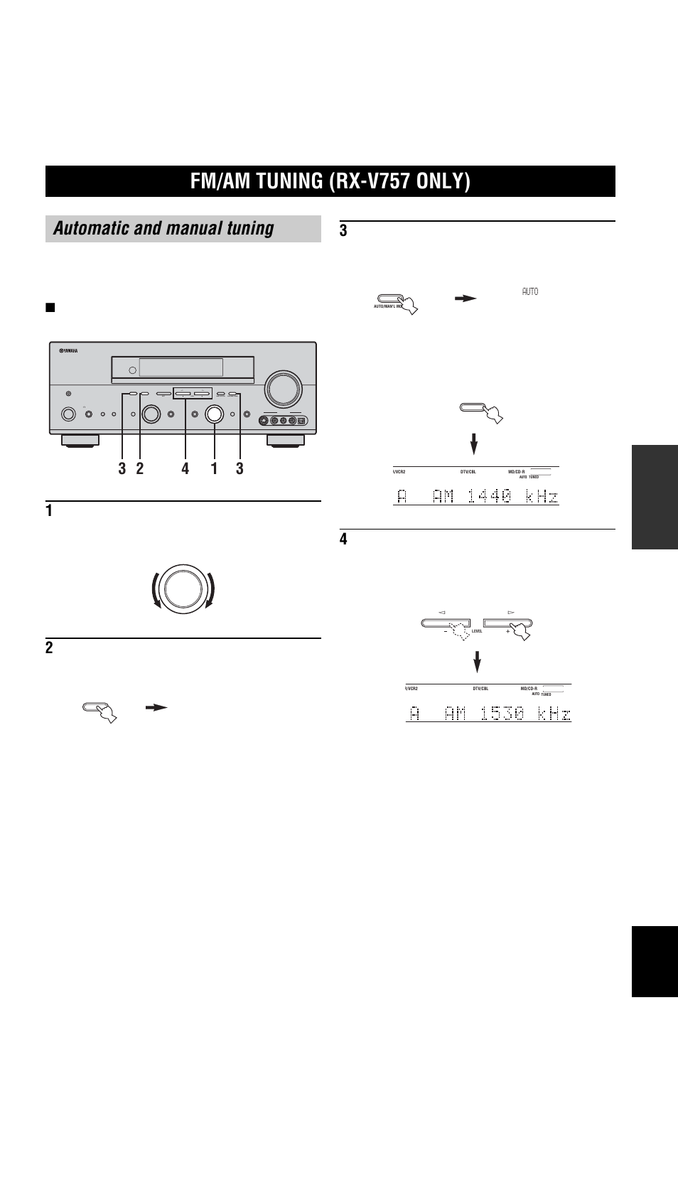 Fm/am tuning (rx-v757 only), Automatic and manual tuning | Yamaha RX-V757 User Manual | Page 41 / 97