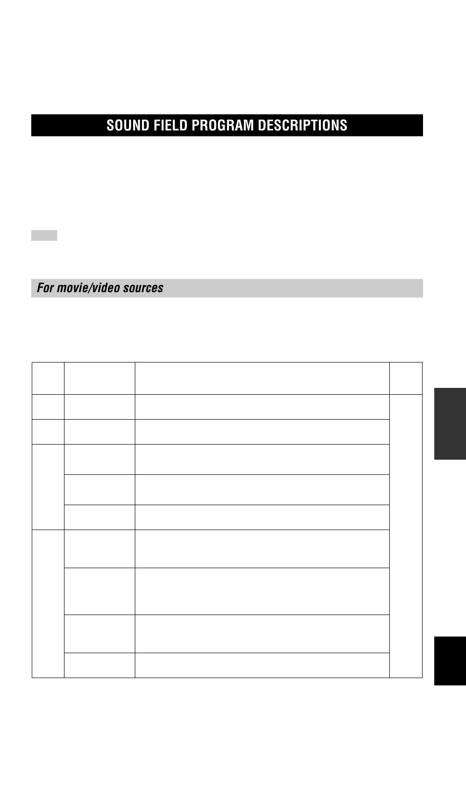 Sound field program descriptions, For movie/video sources | Yamaha RX-V757 User Manual | Page 51 / 97