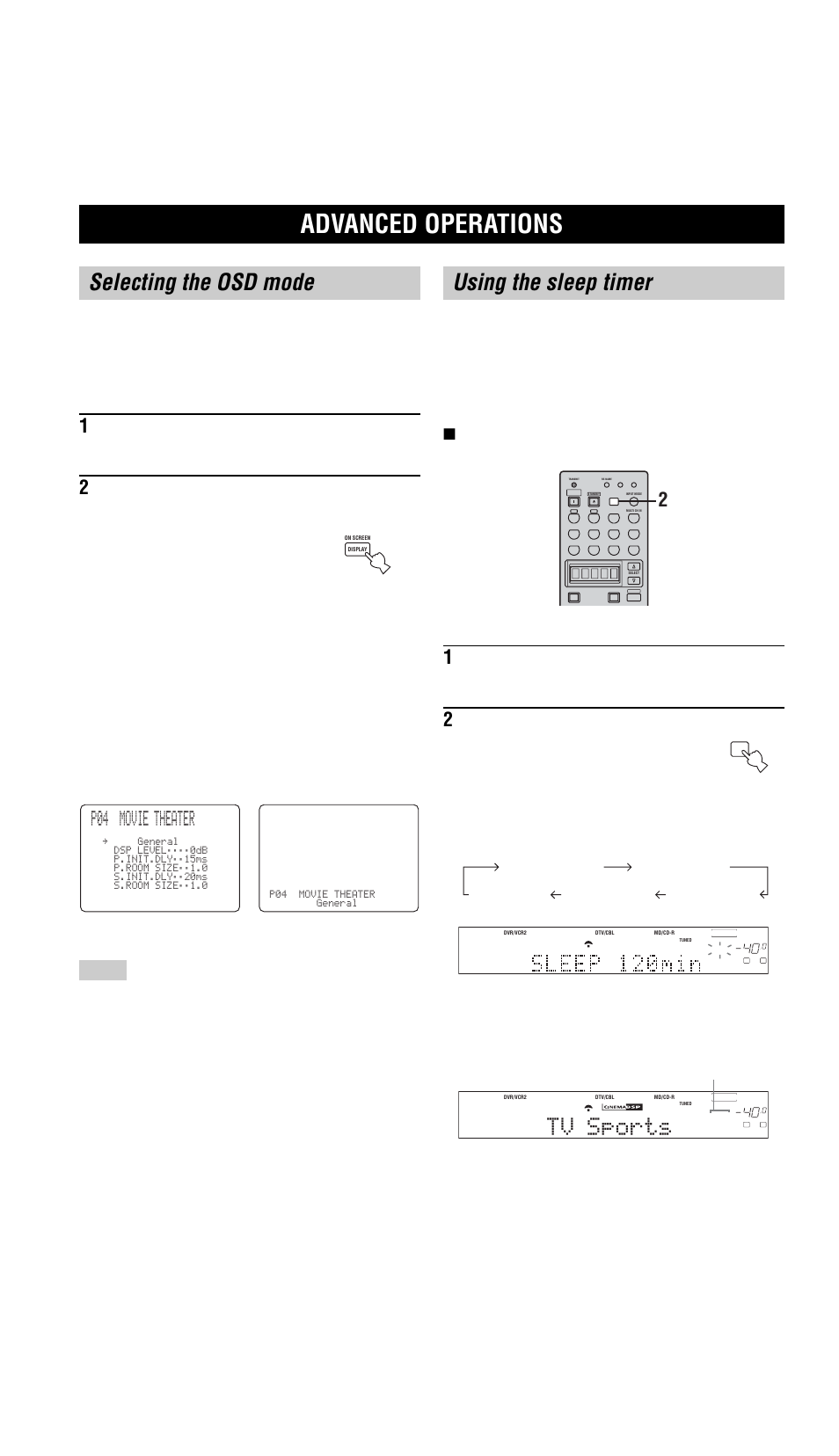 Advanced operations, Selecting the osd mode, Using the sleep timer | Tv sports, P04 movie theater | Yamaha RX-V757 User Manual | Page 54 / 97