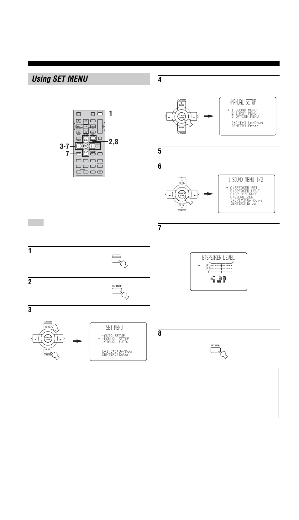 Amp power power rec audio mute menu title ch ch, Using set menu | Yamaha RX-V757 User Manual | Page 58 / 97