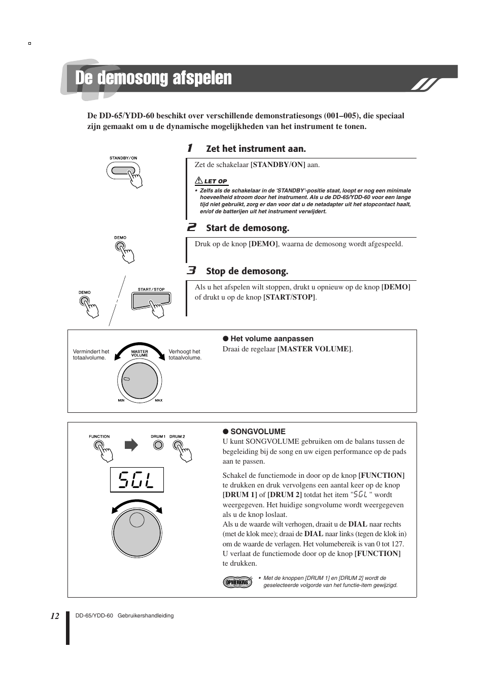 De demosong afspelen, Het volume aanpassen, Songvolume | Het volume aanpassen songvolume | Yamaha DD-65 User Manual | Page 12 / 60