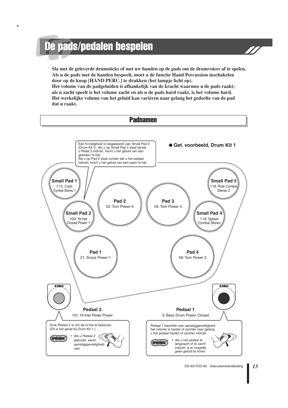 De pads/pedalen bespelen, Padnamen | Yamaha DD-65 User Manual | Page 13 / 60