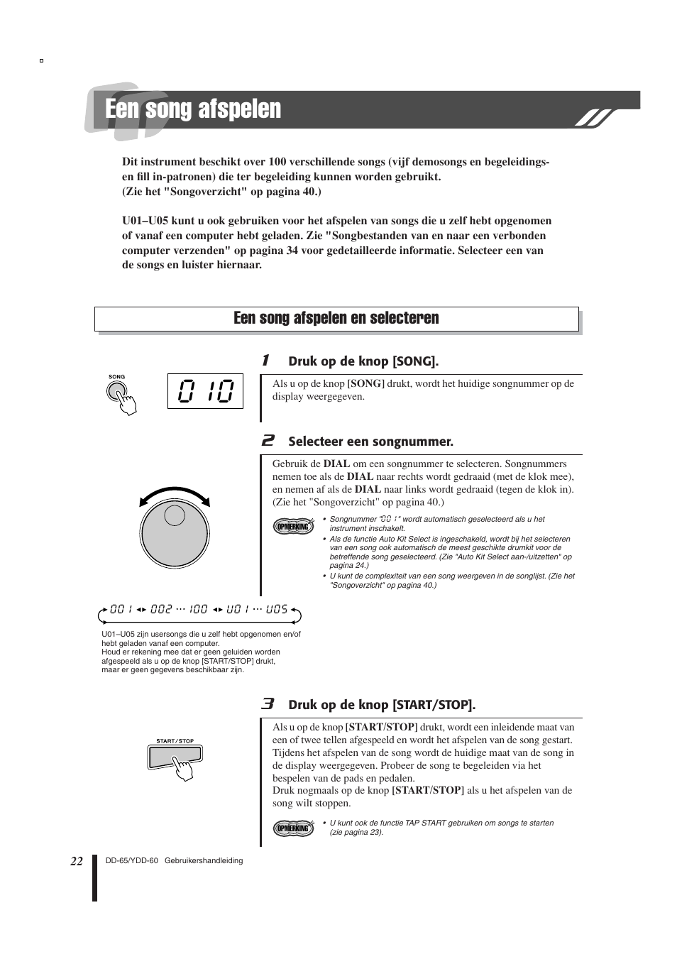 Een song afspelen, Een song afspelen en selecteren | Yamaha DD-65 User Manual | Page 22 / 60
