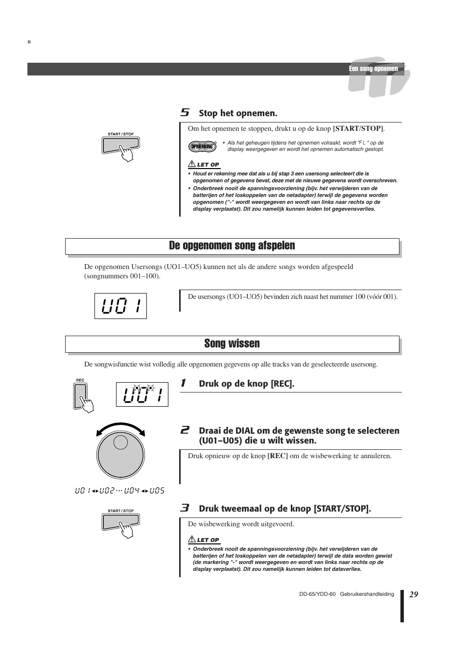 De opgenomen song afspelen, Song wissen | Yamaha DD-65 User Manual | Page 29 / 60