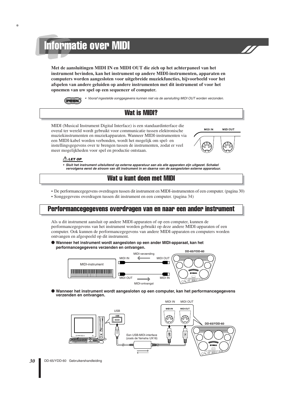 Informatie over midi, Wat is midi, Wat u kunt doen met midi | Performancegegevens overdragen, Van en naar een ander instrument | Yamaha DD-65 User Manual | Page 30 / 60