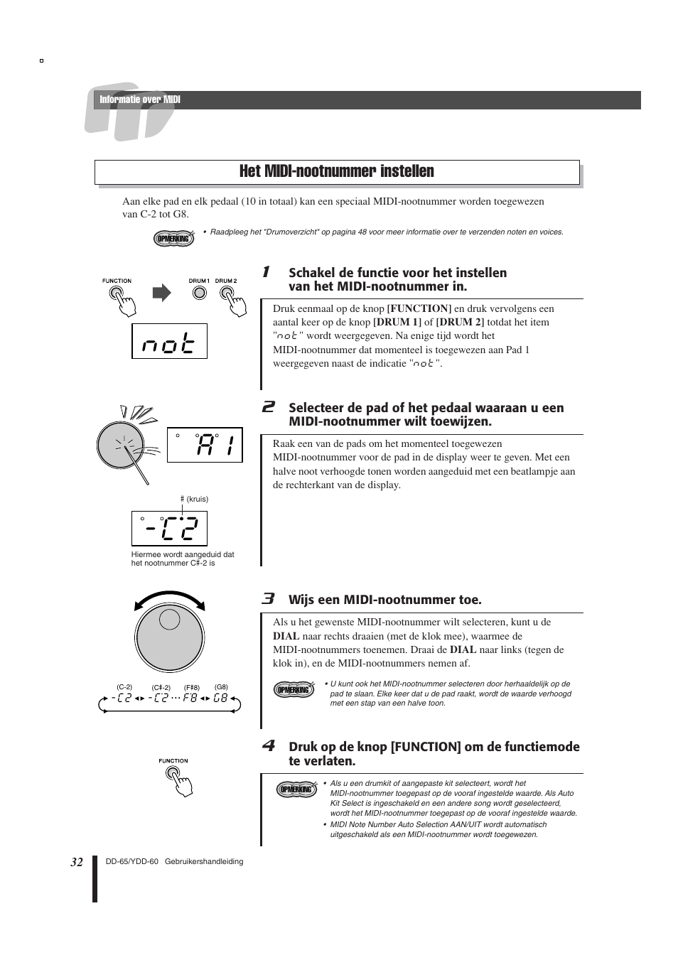 Het midi-nootnummer instellen, Not a1 -c2 | Yamaha DD-65 User Manual | Page 32 / 60