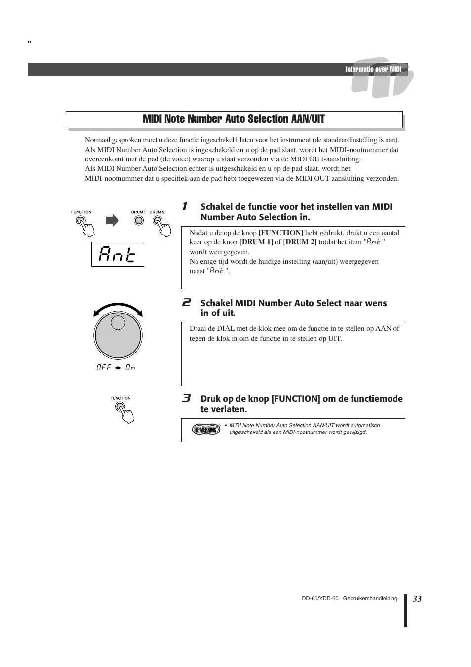 Midi note number auto selection aan/uit | Yamaha DD-65 User Manual | Page 33 / 60