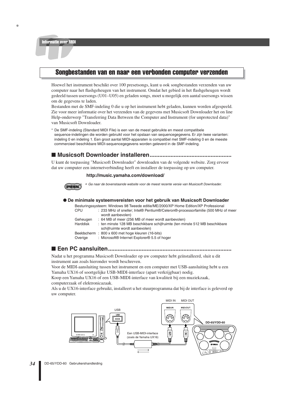 Songbestanden van en naar een verbonden, Computer verzenden, Musicsoft downloader installeren | Een pc aansluiten | Yamaha DD-65 User Manual | Page 34 / 60