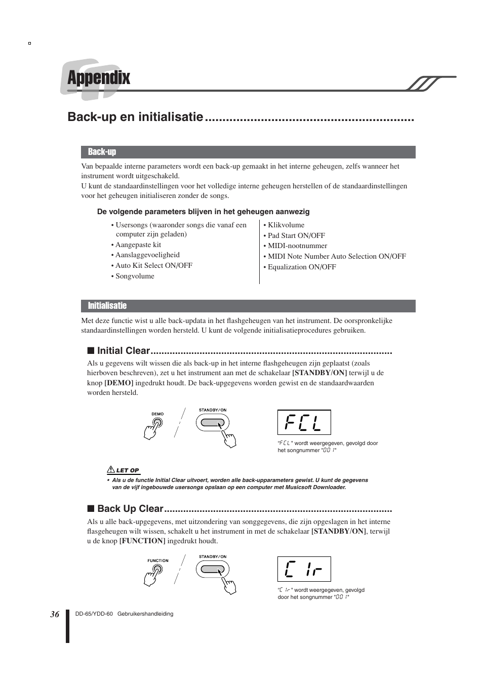 Appendix, Back-up en initialisatie | Yamaha DD-65 User Manual | Page 36 / 60