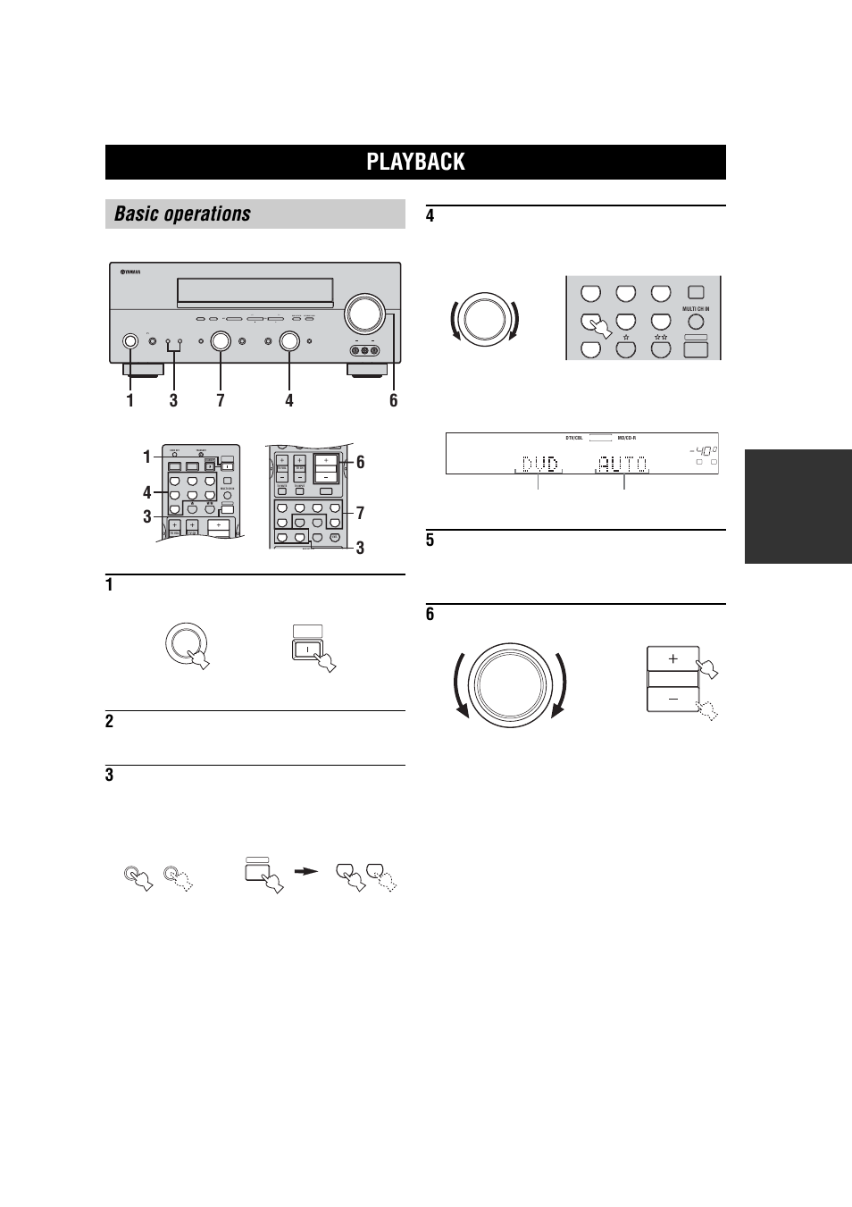 Basic operation, Playback, Basic operations | Ba s ic opera t ion, Turn on the video monitor connected to this unit, Adjust the volume to the desired output level | Yamaha RX-V557 User Manual | Page 29 / 92