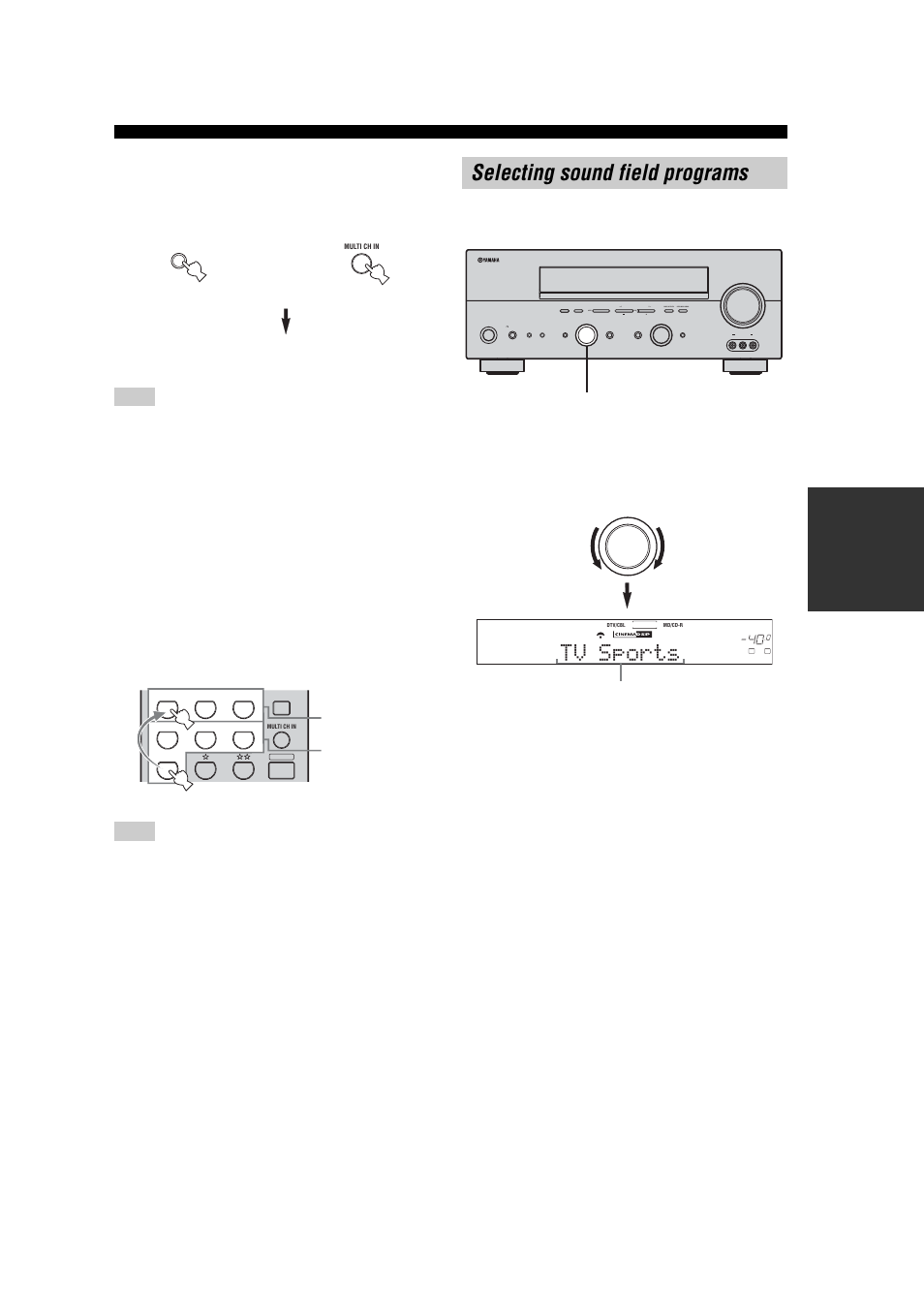 Selecting sound field programs, Tv sports, Multi ch input | Yamaha RX-V557 User Manual | Page 31 / 92