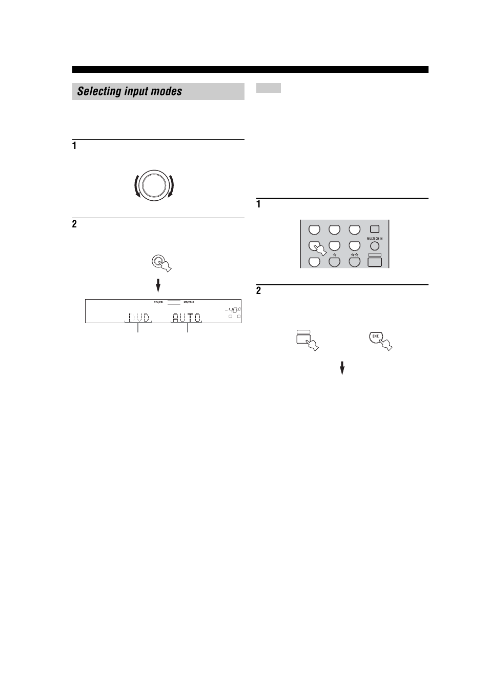 Selecting input modes, Straight, Displaying information about the input source | Rotate input to select the input source, Select the input source | Yamaha RX-V557 User Manual | Page 36 / 92