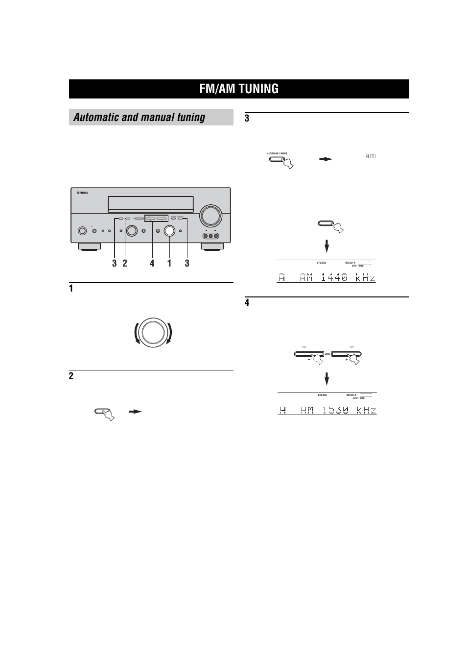 Fm/am tuning, Automatic and manual tuning, Am fm | Yamaha RX-V557 User Manual | Page 38 / 92