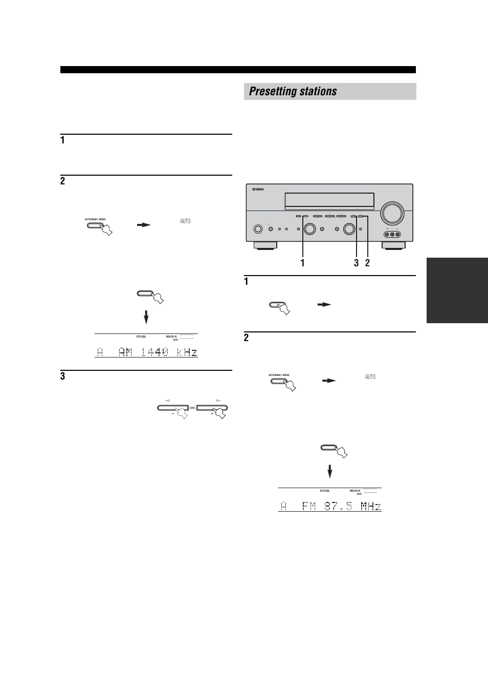 Presetting stations, Manual tuning, Automatically presetting fm stations | Yamaha RX-V557 User Manual | Page 39 / 92