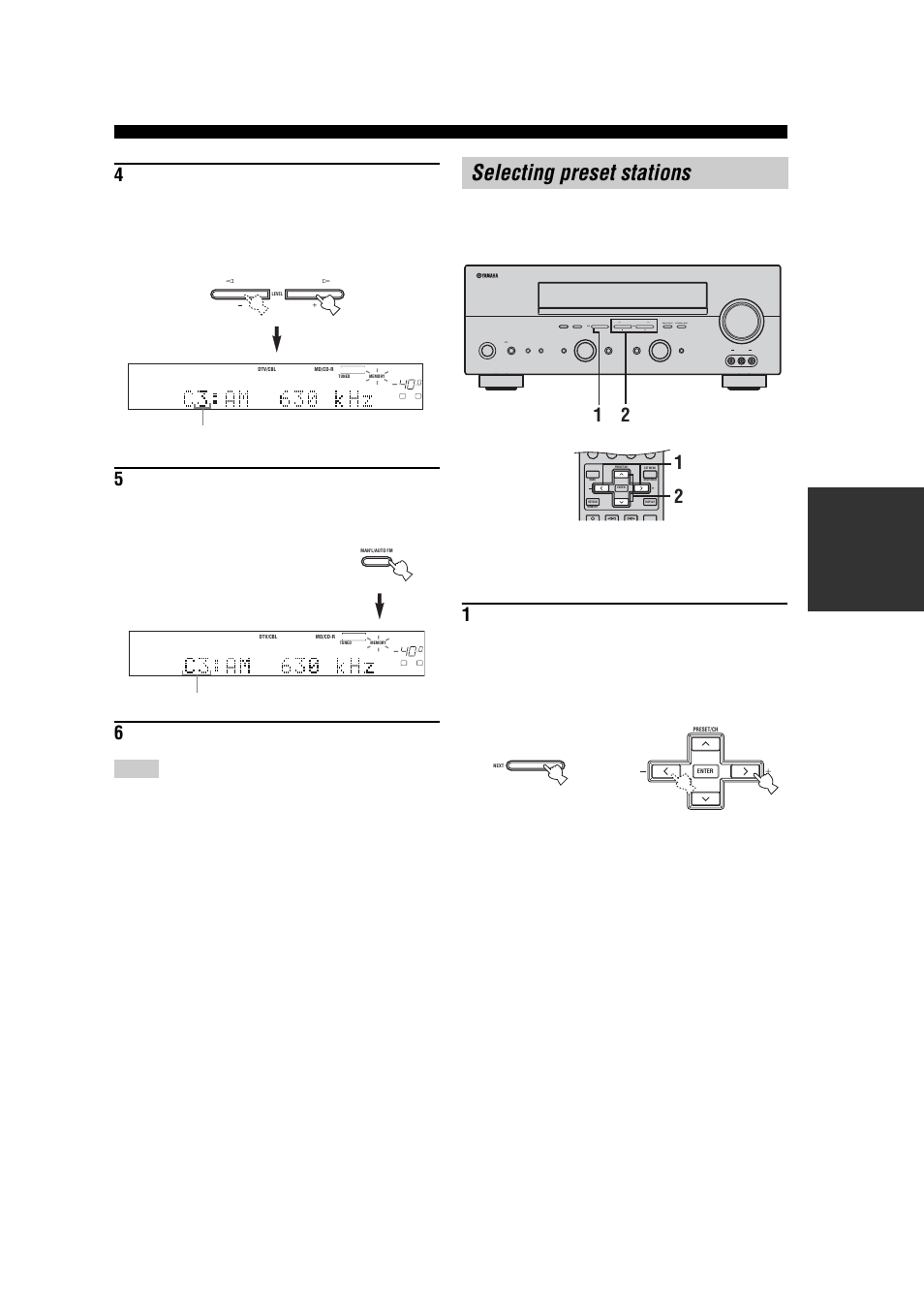 Selecting preset stations, Ba s ic opera t ion, Repeat steps 1 to 5 to store other stations | Shows the displayed station has been stored as c3 | Yamaha RX-V557 User Manual | Page 41 / 92