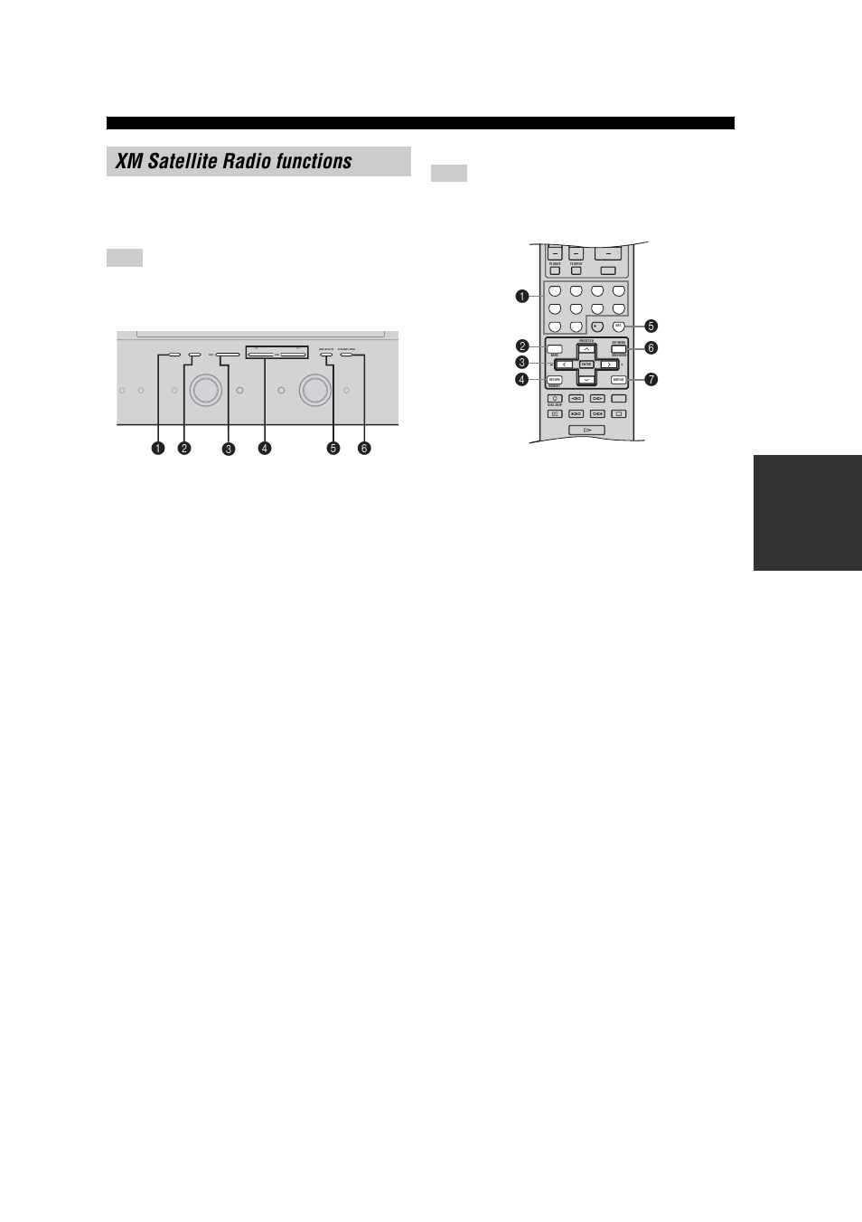 Xm satellite radio functions, Front panel functions, Remote control functions | Yamaha RX-V557 User Manual | Page 45 / 92