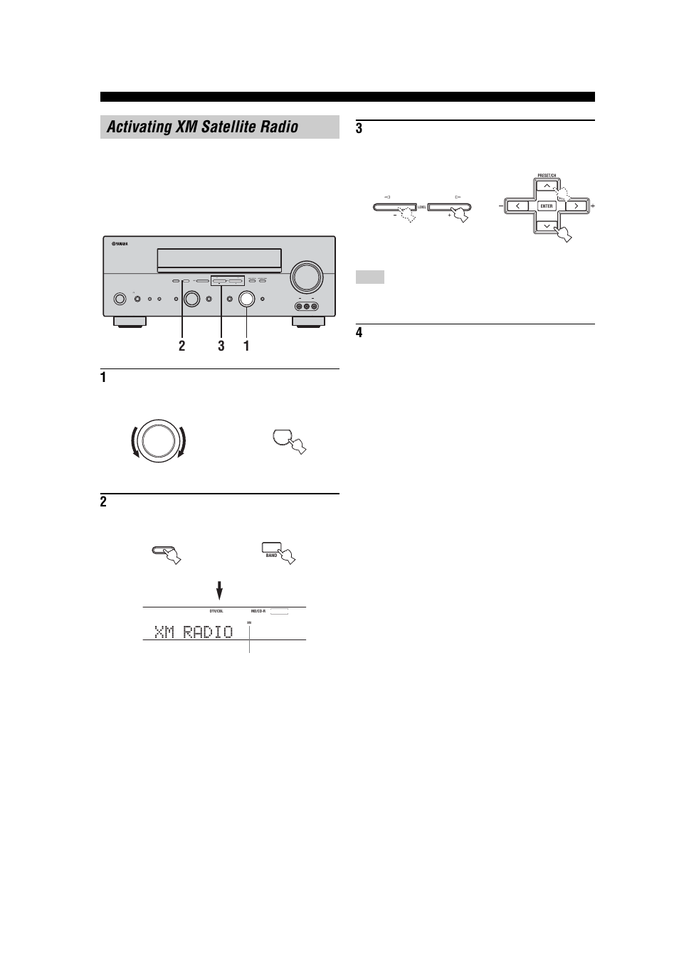 Activating xm satellite radio, Xm radio | Yamaha RX-V557 User Manual | Page 46 / 92