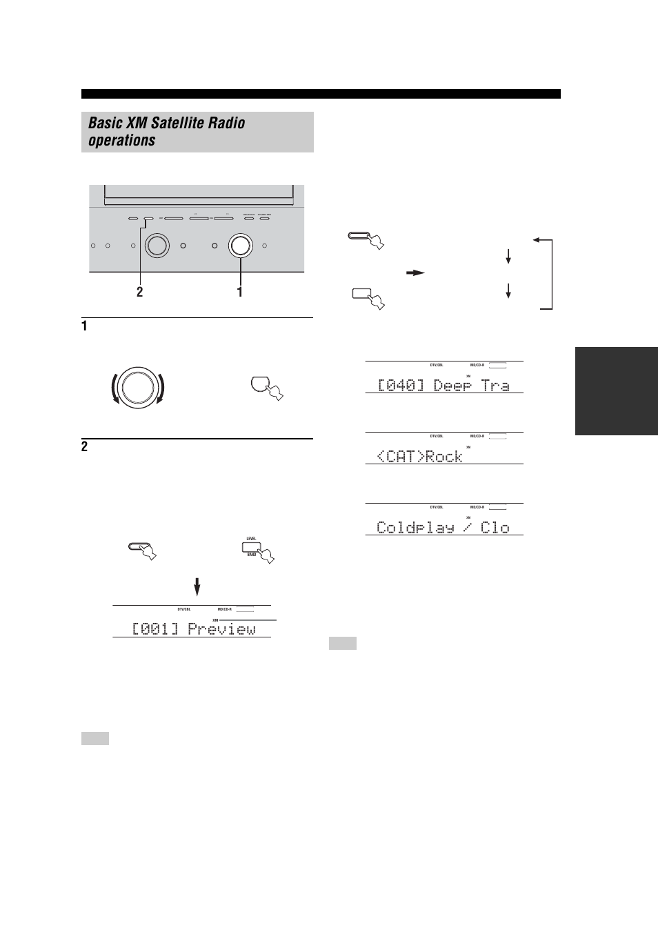 Basic xm satellite radio operations, 001] preview, 040] deep tra | Cat>rock, Coldplay / clo, Selecting the xm satellite radio mode, Switching xm information, Ba s ic opera t ion, Remote control front panel, Or front panel remote control lights | Yamaha RX-V557 User Manual | Page 47 / 92