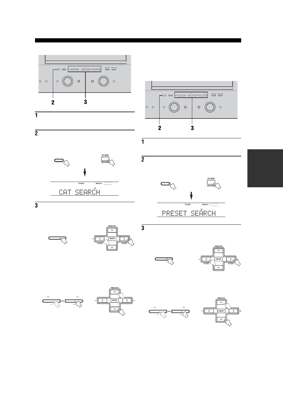 Cat search, Preset search, Category search mode | Preset search mode, Ba s ic opera t ion, Or front panel remote control, Front panel remote control or, Remote control front panel or | Yamaha RX-V557 User Manual | Page 49 / 92