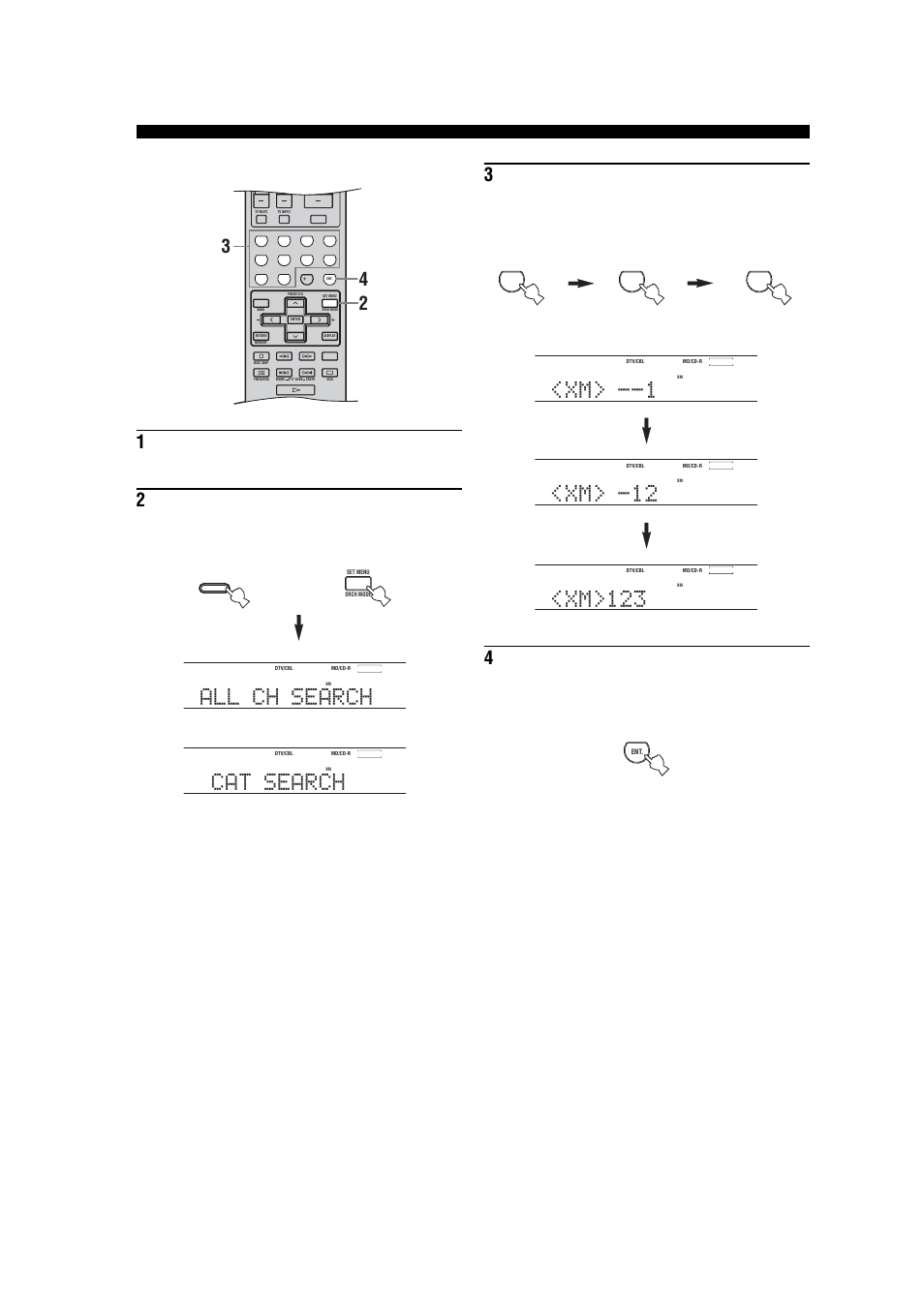 All ch search, Cat search, Xm> -12 | Xm>123, Direct number access mode, Or front panel remote control, Xm satellite radio tuning | Yamaha RX-V557 User Manual | Page 50 / 92