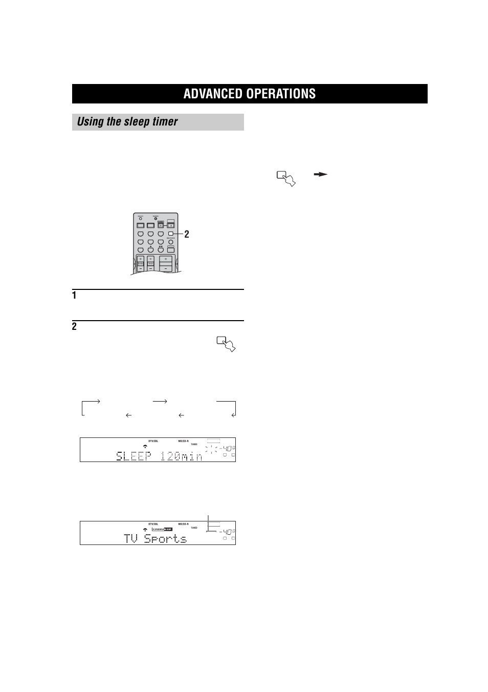 Advanced operation, Advanced operations, Using the sleep timer | Tv sports, Sleep off, Setting the sleep timer, Canceling the sleep timer, Sleep indicator | Yamaha RX-V557 User Manual | Page 58 / 92
