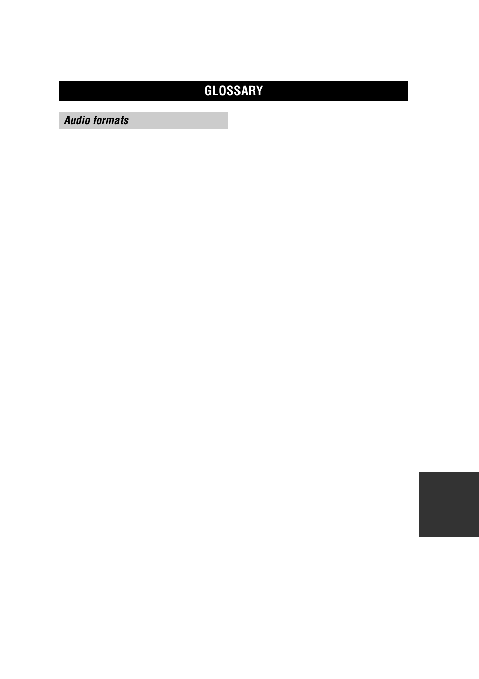 Glossary, Audio formats | Yamaha RX-V557 User Manual | Page 85 / 92