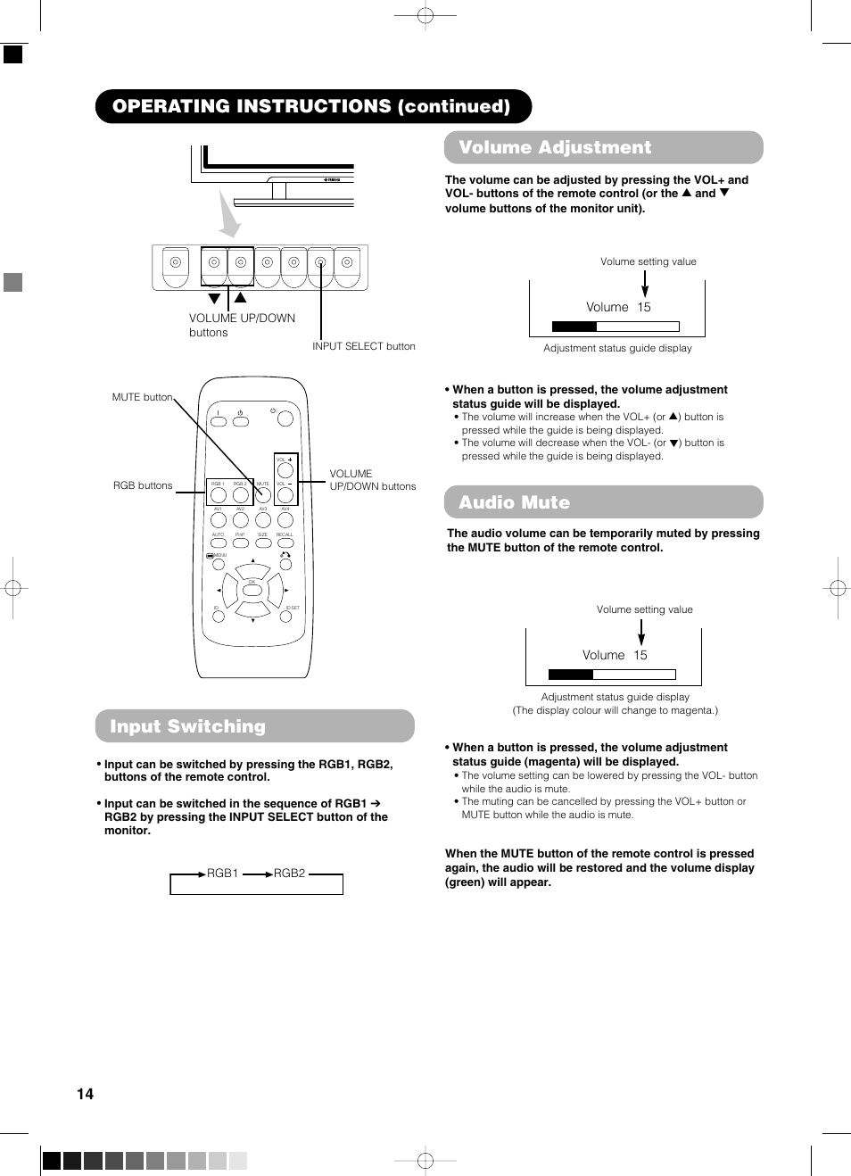 Operating instructions (continued) audio mute, Input switching, Volume adjustment | Yamaha PDM-4210E User Manual | Page 15 / 58