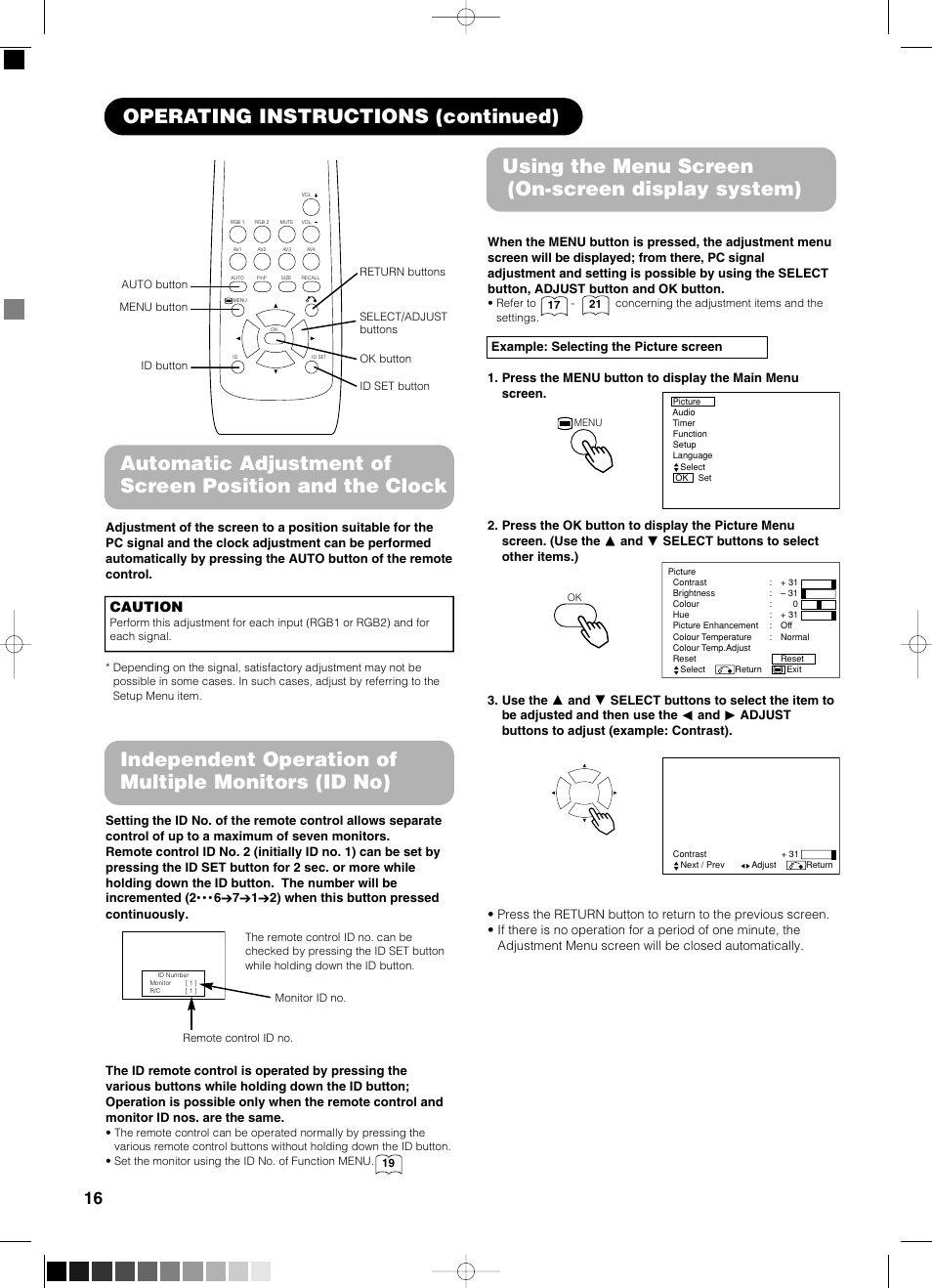 Using the menu screen (on-screen display system), Caution | Yamaha PDM-4210E User Manual | Page 17 / 58