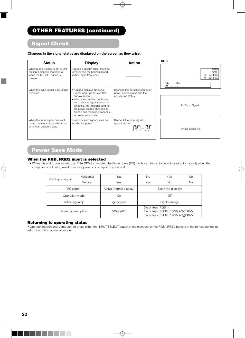 Signal check, Other features (continued), Power save mode | Yamaha PDM-4210E User Manual | Page 23 / 58