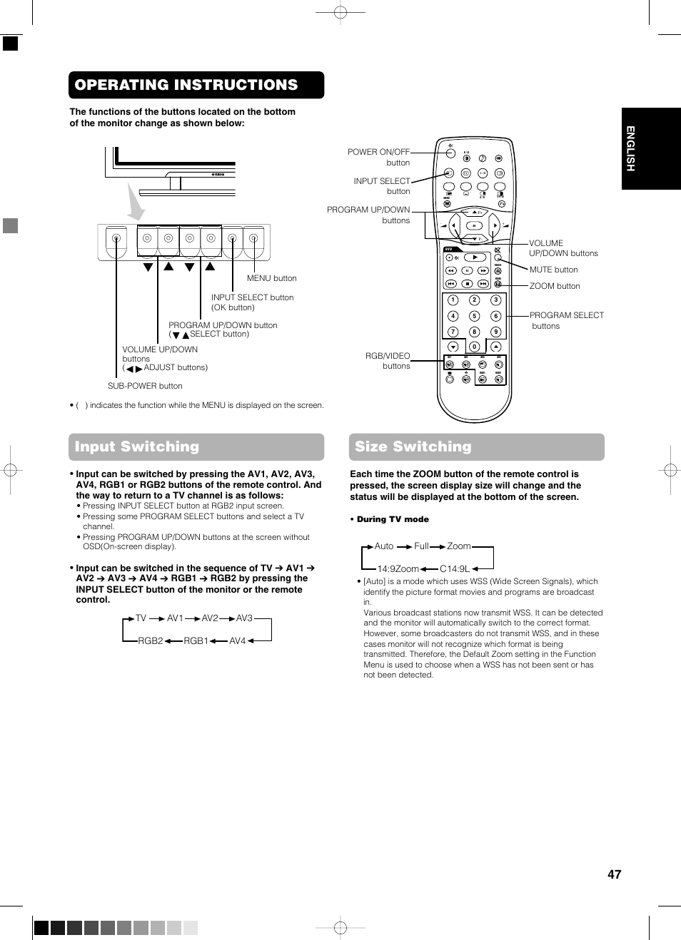 Operating instructions, Input switching size switching, English | Yamaha PDM-4210E User Manual | Page 48 / 58
