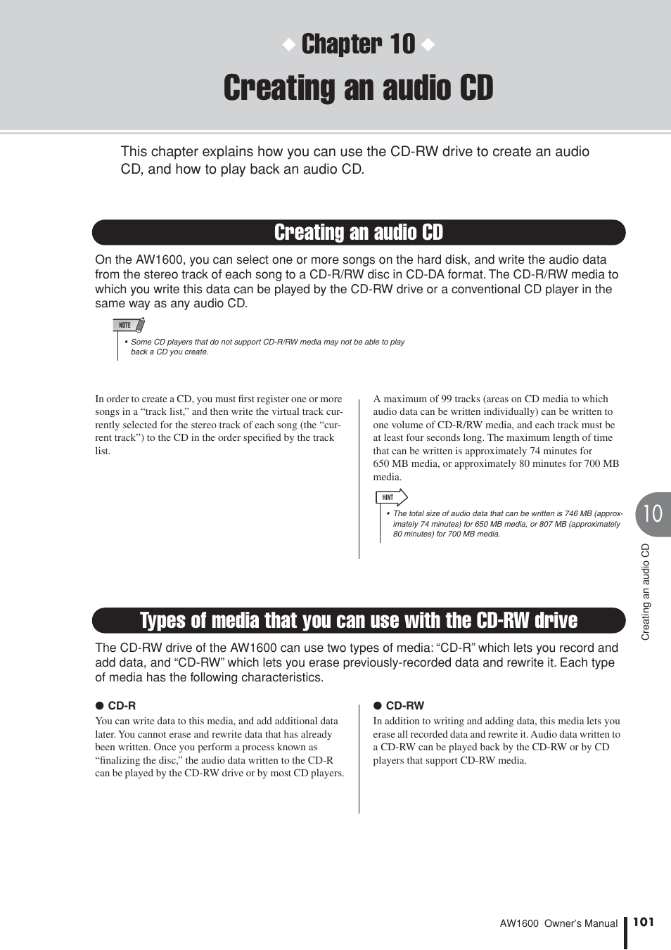 Creating an audio cd, Chapter 10 | Yamaha AW1600 User Manual | Page 101 / 232