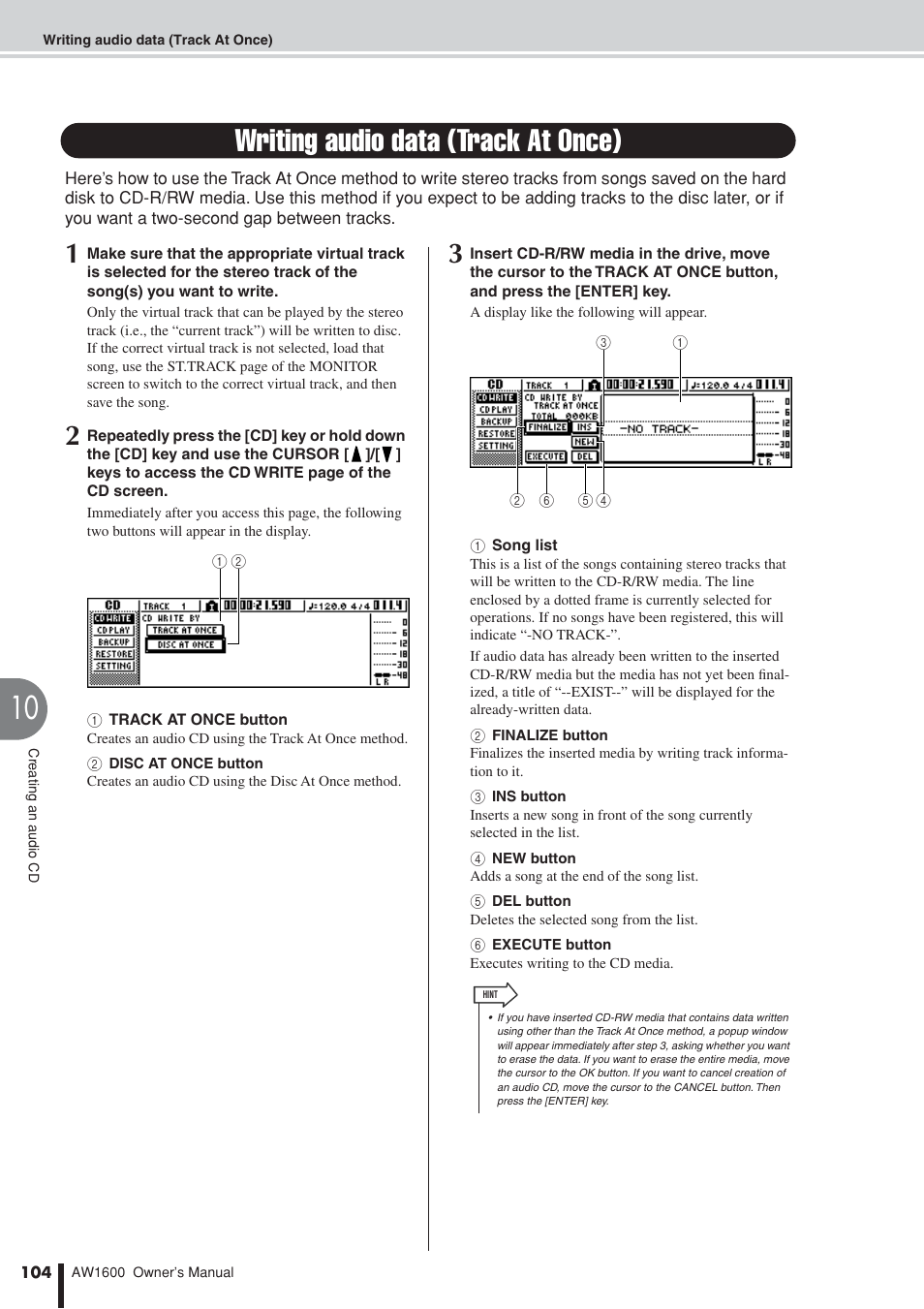 Writing audio data (track at once) | Yamaha AW1600 User Manual | Page 104 / 232