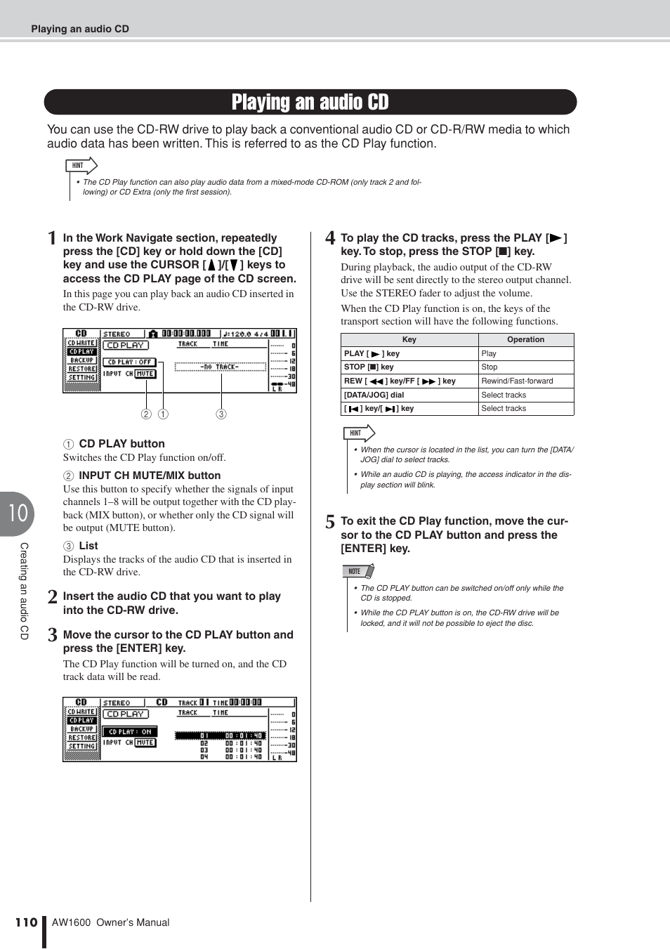 Playing an audio cd | Yamaha AW1600 User Manual | Page 110 / 232