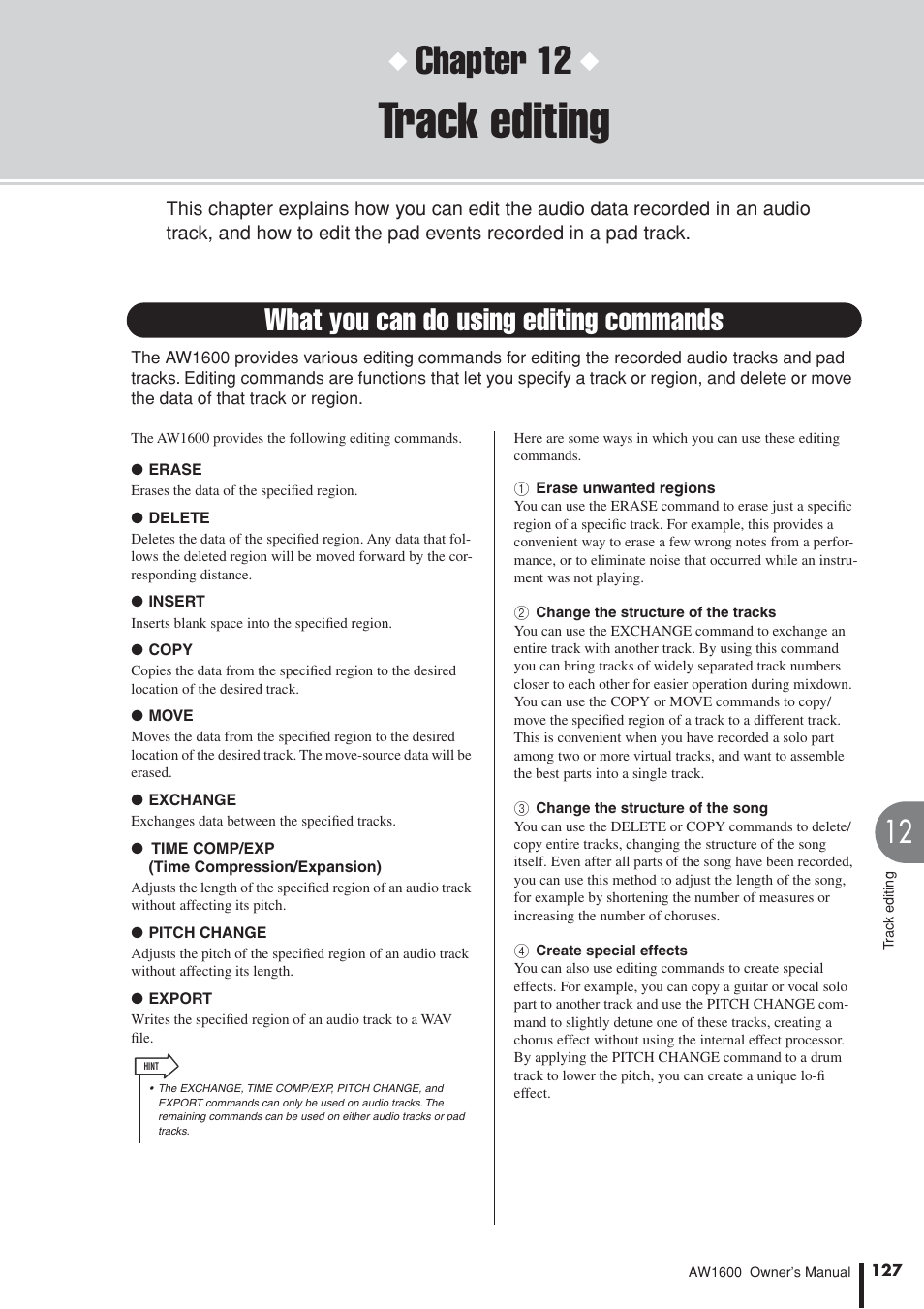 Track editing, What you can do using editing commands, P. 127) | Chapter 12 | Yamaha AW1600 User Manual | Page 127 / 232