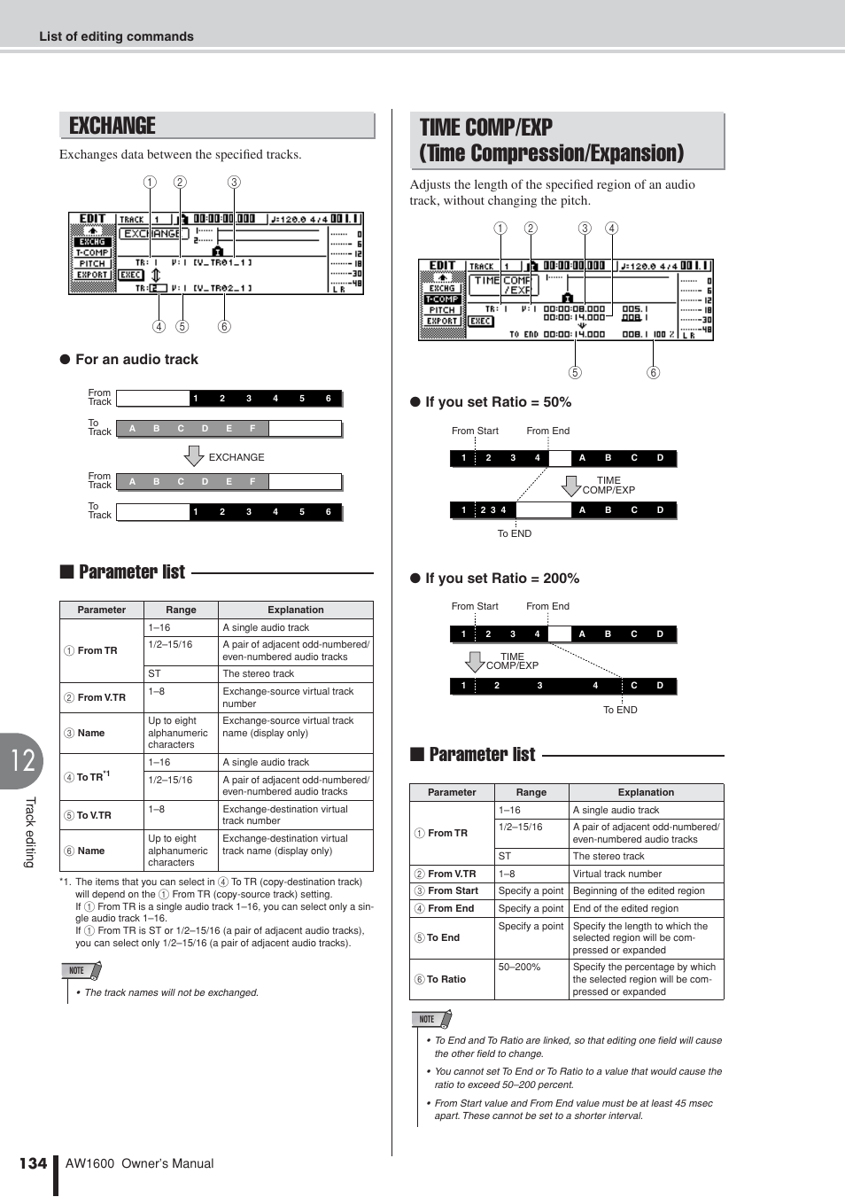 Exchange, Time comp/exp (time compression/expansion), Exchange time comp/exp | Time compression/expansion), Parameter list, For an audio track | Yamaha AW1600 User Manual | Page 134 / 232