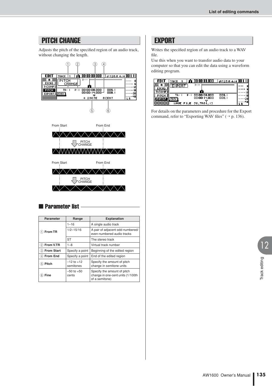 Pitch change, Export, Pitch change export | Parameter list | Yamaha AW1600 User Manual | Page 135 / 232